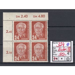 DDR 1952, Mich.-Nr.: 324 XII ** Eckrand 4er